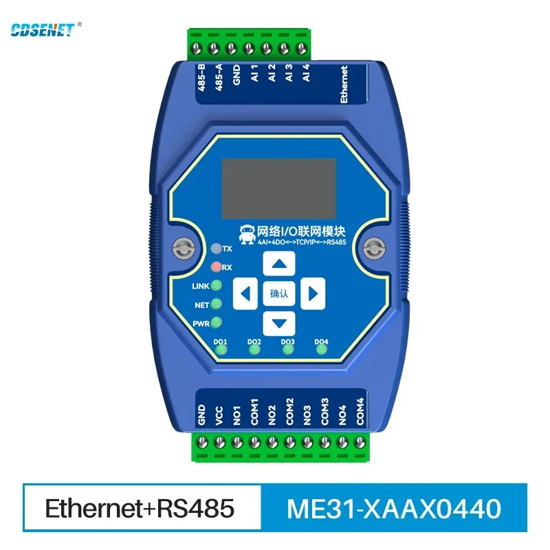 CDSENET Ethernet I/O 4AI+4DO Switch Value Acquisition Controller ModBus ME31-XAAX0440 RS485 Serial Port RJ45 Network Port 8-28V
CDSENET Ethernet I/O 4AI+4DO Switch Value Acquisition Controller ModBus ME31-XAAX0440 RS485 Serial Port RJ45 Network Port 8-28V