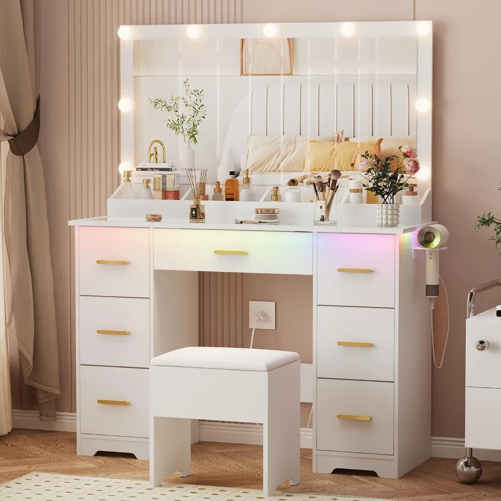Vanity Desk with 38" Large Mirror and 9 LED Lights & Glass Top and Power Outlet, Adults Makeup Vanity with Chair and 7 Storage
Vanity Desk with 38" Large Mirror and 9 LED Lights & Glass Top and Power Outlet, Adults Makeup Vanity with Chair and 7 Storage