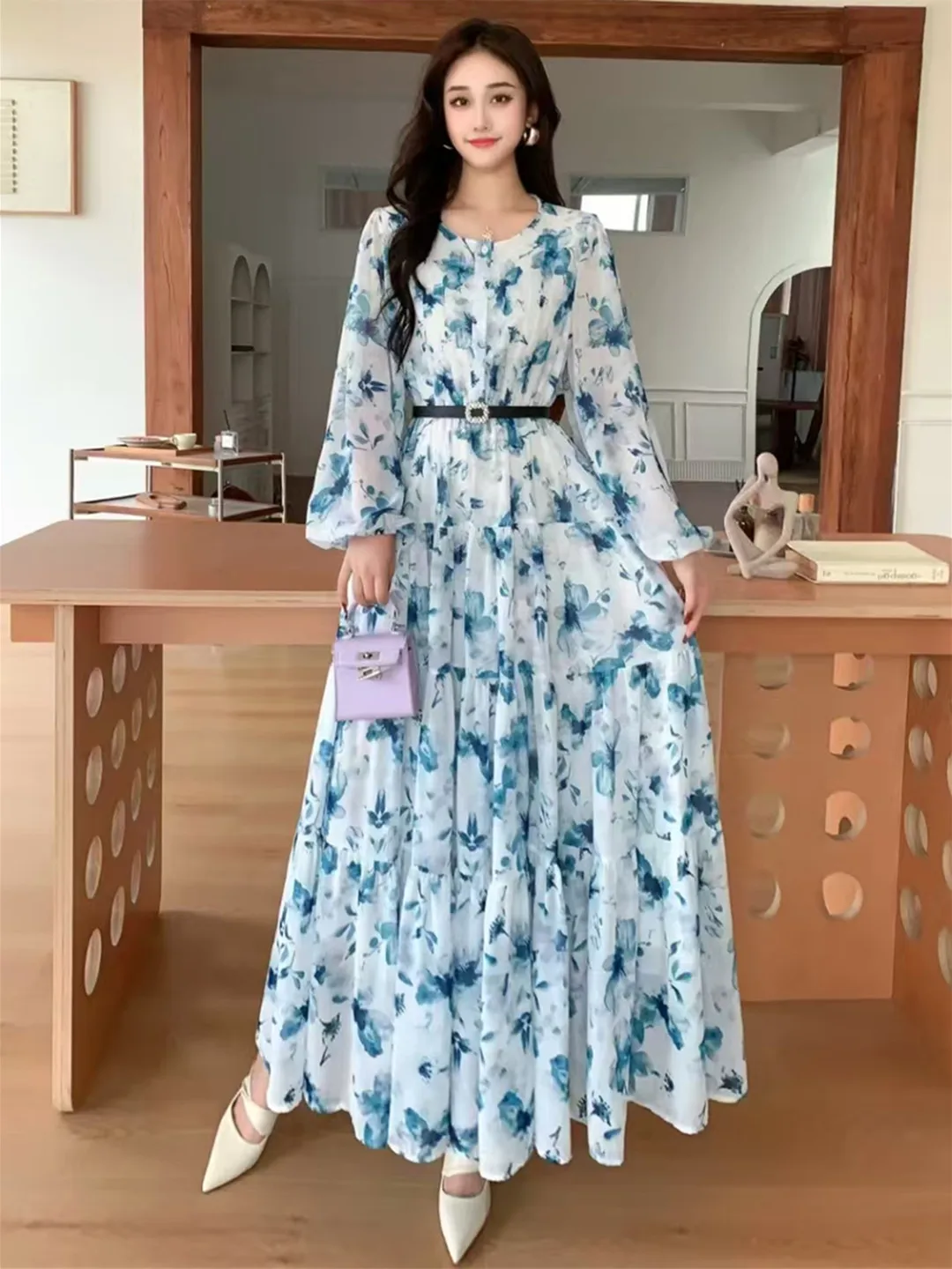 2025 New Spring Autumn Women O-Neck Long Sleeve Belt Slim Long Dress High Quality Elegant Bigh Hem Floral Chiffon Dress 6 Colors
2025 New Spring Autumn Women O-Neck Long Sleeve Belt Slim Long Dress High Quality Elegant Bigh Hem Floral Chiffon Dress 6 Colors