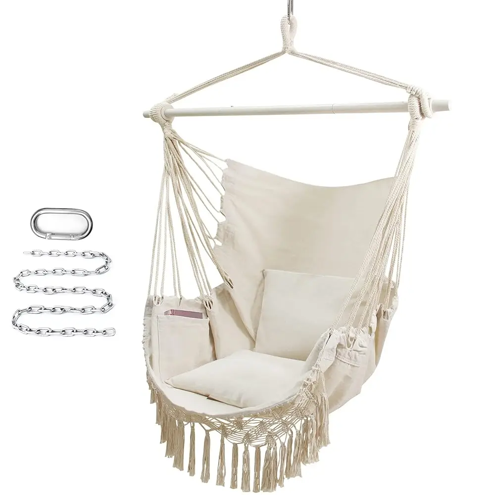 Hammo Chair With Tassels Hanging Rope Swing With 2 Cushions;Steel Spreader Bar With Anti Slip Rings;350Lbs Max;Cotton Woven
Hammo Chair With Tassels Hanging Rope Swing With 2 Cushions;Steel Spreader Bar With Anti Slip Rings;350Lbs Max;Cotton Woven