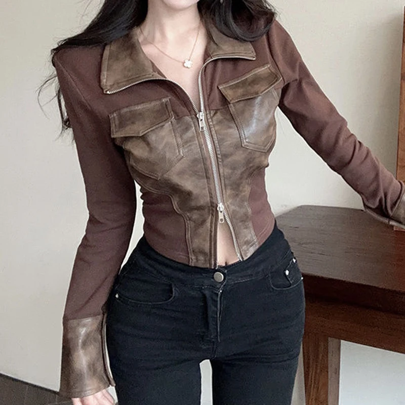 American cool girl pu leather stitching temperament lapel slim top female pure desire wind Maillard zipper cardigan jacket
American cool girl pu leather stitching temperament lapel slim top female pure desire wind Maillard zipper cardigan jacket