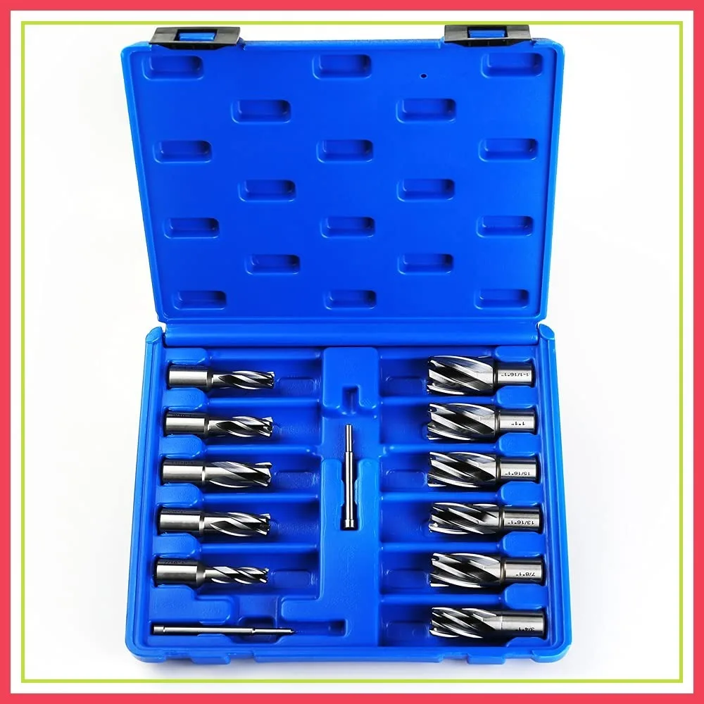 13pcs Annular Cutter Set, 1" Cutting Depth, 3/4" Weldon Shank, 7/16 to 1-1/16 inch Cutting Diameter Mag Drill Bits with 2 Pilot Pins
13pcs Annular Cutter Set, 1" Cutting Depth, 3/4" Weldon Shank, 7/16 to 1-1/16 inch Cutting Diameter Mag Drill Bits with 2 Pilot Pins