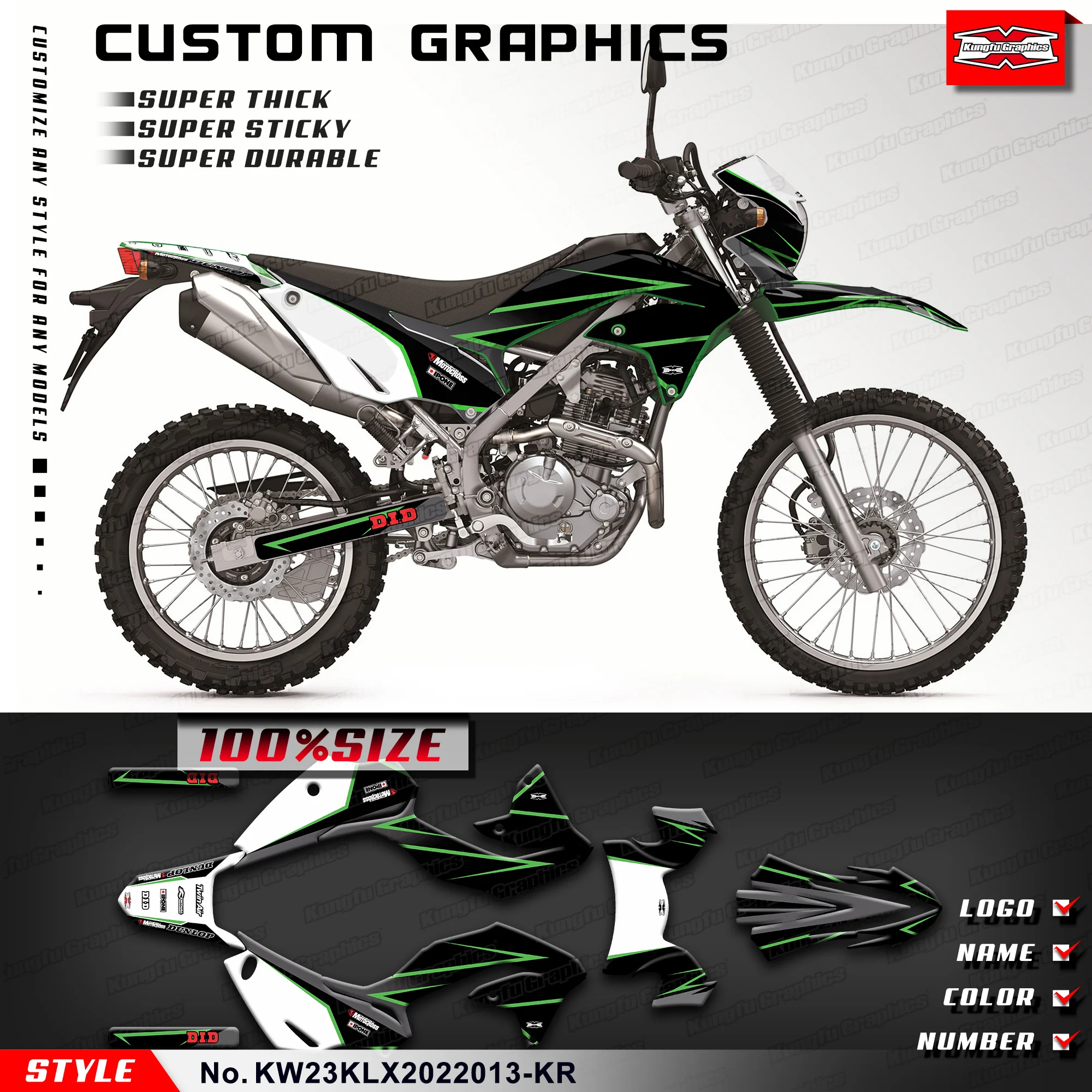 KUNGFU GRAPHICS Adhesive Sticker Skin Graphics Kit for Kawasaki KLX230 2020 2021 2022, KW23KLX2022013-KR
KUNGFU GRAPHICS Adhesive Sticker Skin Graphics Kit for Kawasaki KLX230 2020 2021 2022, KW23KLX2022013-KR