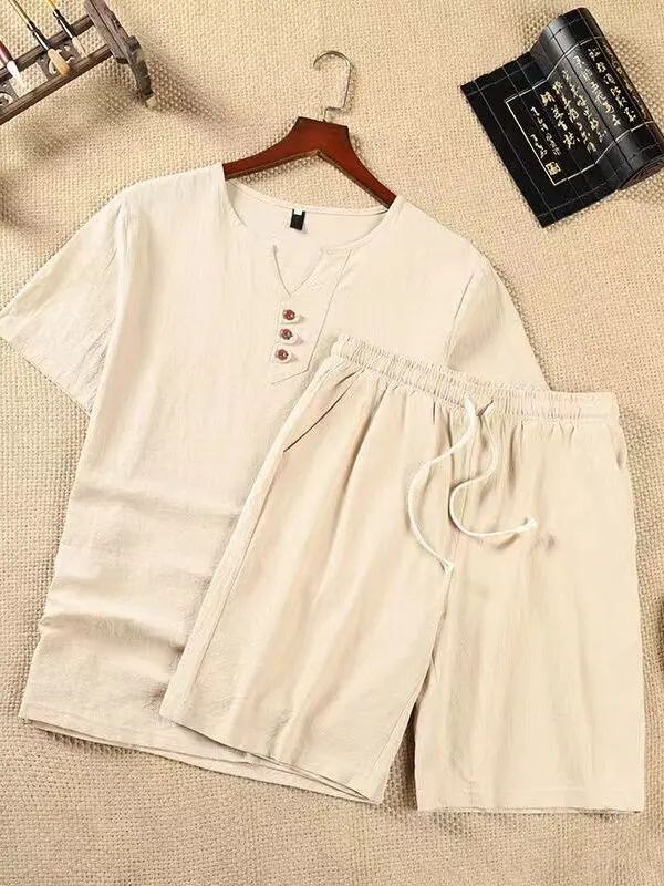 Cotton Linen Short Sleeve T-Shirt Set Men's Summer Casual V-Neck Pure Color Large Size Top Shorts Two-Piece Set for Men
Cotton Linen Short Sleeve T-Shirt Set Men's Summer Casual V-Neck Pure Color Large Size Top Shorts Two-Piece Set for Men