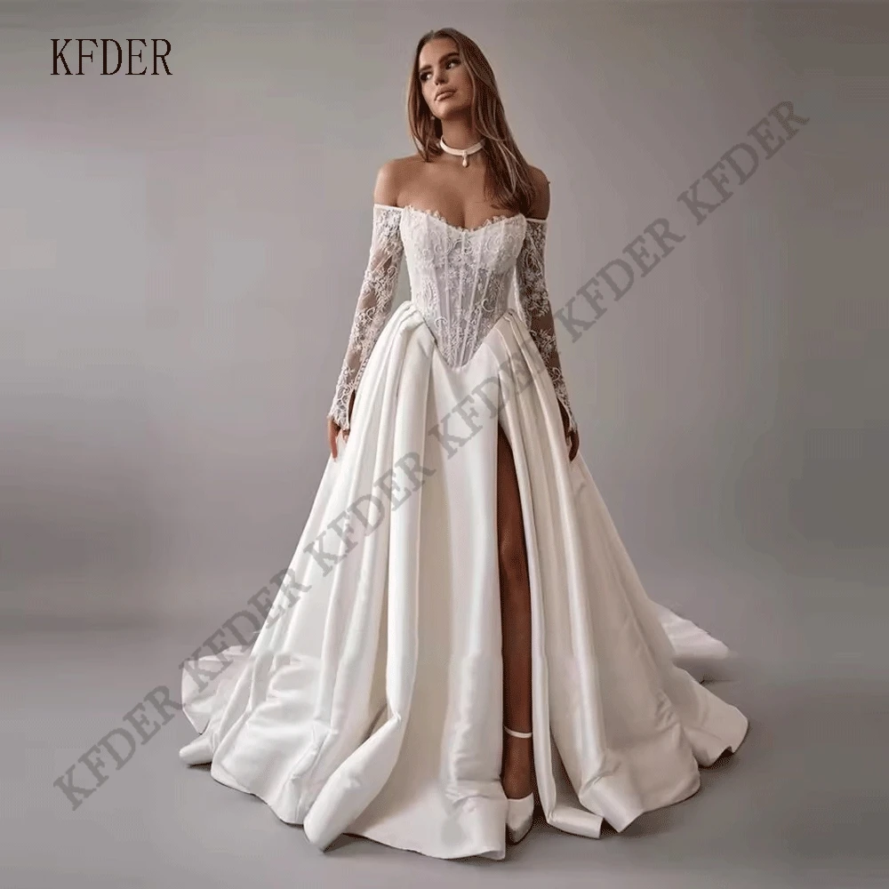 Luxury A Line Long Sleeves Wedding Dresses Off Shoulder Thick Satin Split Formal Bride Gowns Boning Fitted Plus Size
Luxury A Line Long Sleeves Wedding Dresses Off Shoulder Thick Satin Split Formal Bride Gowns Boning Fitted Plus Size