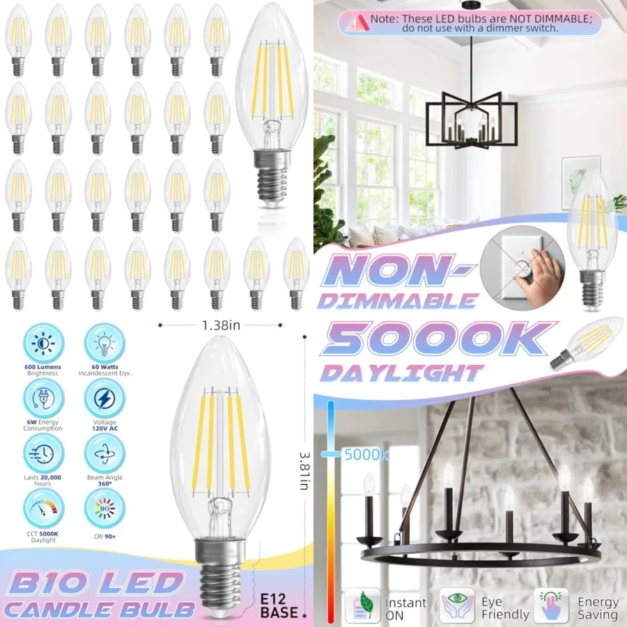 Candelabra Light Bulbs, 6W Equivalent to 60 watt E12 LED Bulb 5000K Non-Dimmable, LED Chandelier Light Bulb, B10 Candle Bulbs,
Candelabra Light Bulbs, 6W Equivalent to 60 watt E12 LED Bulb 5000K Non-Dimmable, LED Chandelier Light Bulb, B10 Candle Bulbs,