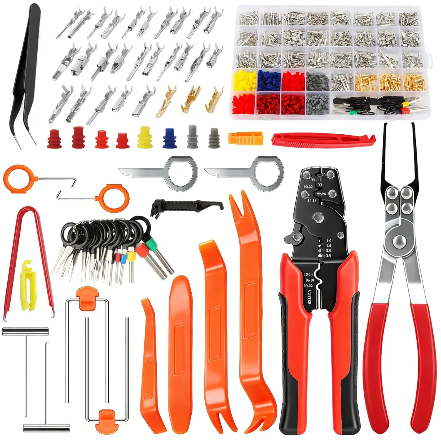 988Pcs Automotive Electrical Connectors Kit, 28 Types Terminal Pins with Crimp Tool, Relay Fuse Remover & Car Disassembly Tool
988Pcs Automotive Electrical Connectors Kit, 28 Types Terminal Pins with Crimp Tool, Relay Fuse Remover & Car Disassembly Tool