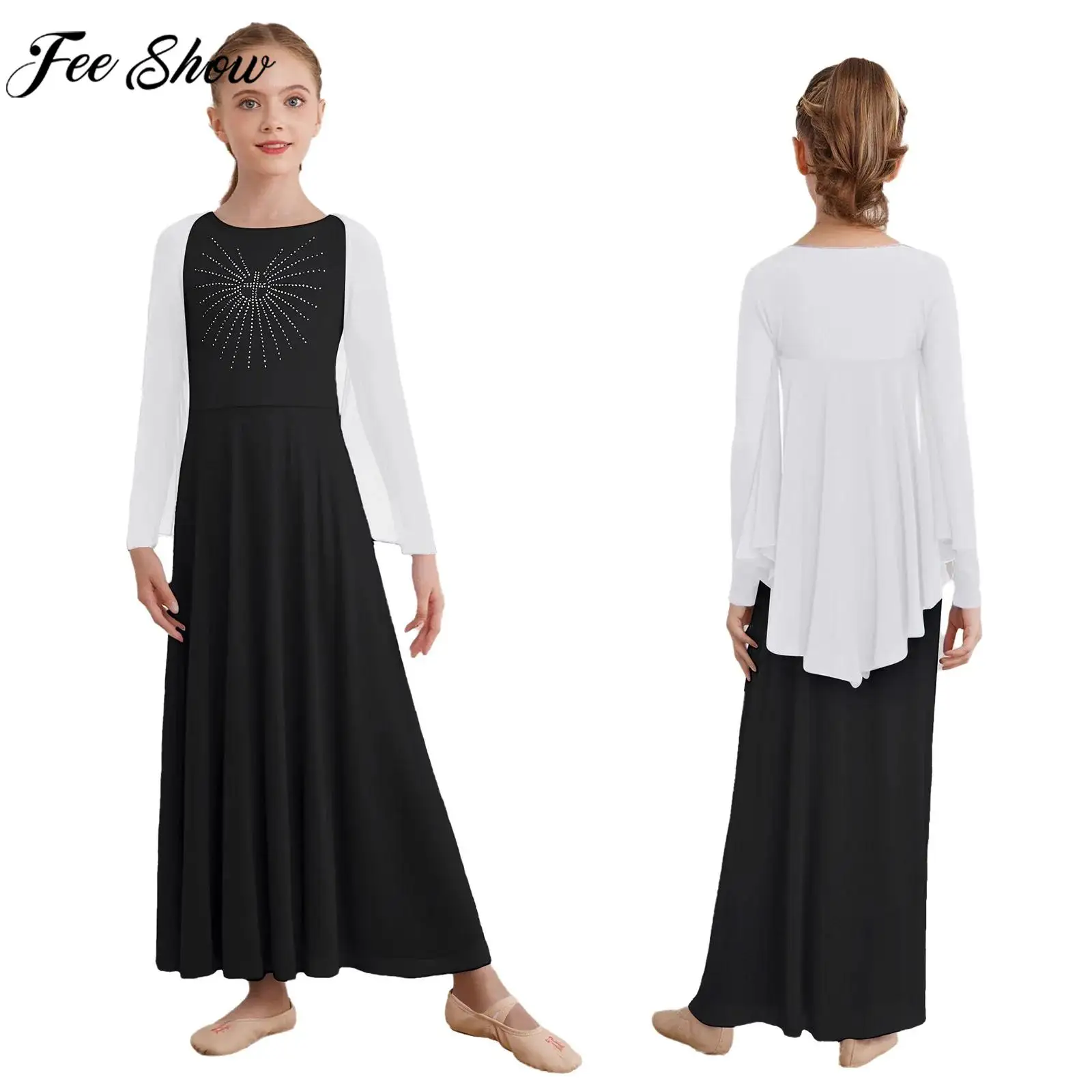 Детское платье с длинными рукавами и блестящими стразами для девочек, лирическое танцевальное платье с шалью, литургический церковный халат для хора, танцевальная одежда
Детское платье с длинными рукавами и блестящими стразами для девочек, лирическое танцевальное платье с шалью, литургический церковный халат для хора, танцевальная одежда