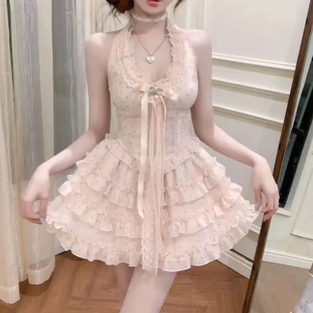 Women Sweet Mini Dress Halter Neck Polka Dot Ruffle Bow Lace Trim Slim Fit Suit Kawaii Lolita Y2K Summer Cute Girl Outfit
Women Sweet Mini Dress Halter Neck Polka Dot Ruffle Bow Lace Trim Slim Fit Suit Kawaii Lolita Y2K Summer Cute Girl Outfit