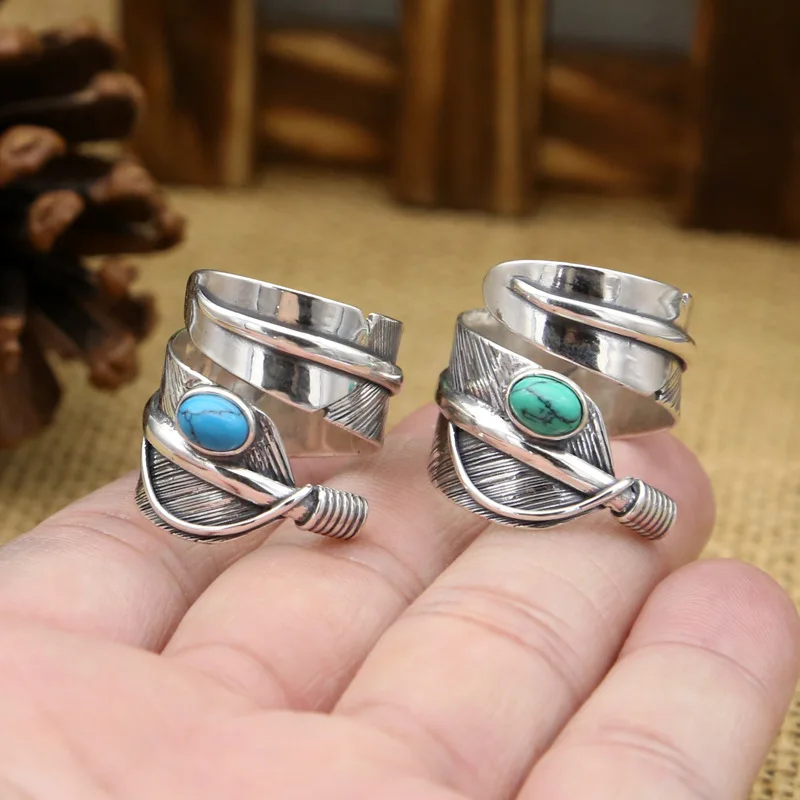 S925 sterling silver retro thai silver stylish male and female open ring feather turquoise ring
S925 sterling silver retro thai silver stylish male and female open ring feather turquoise ring