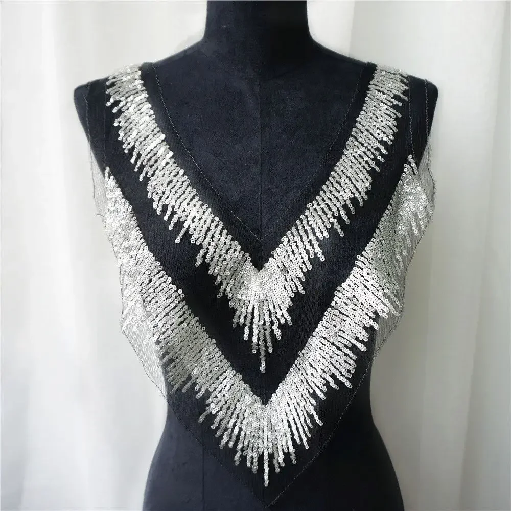 Silver Sequin Tassel Black Mesh Lace Fabric V Collar Embroidered Gown Appliques Sew Patch For Wedding Decoration Dress DIY
Silver Sequin Tassel Black Mesh Lace Fabric V Collar Embroidered Gown Appliques Sew Patch For Wedding Decoration Dress DIY