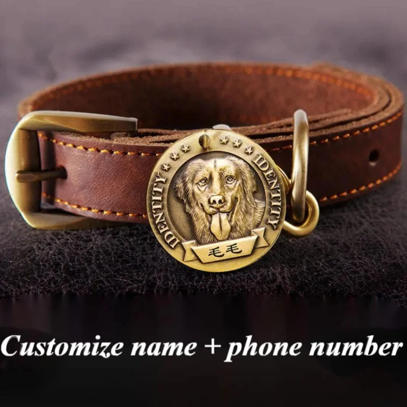 Customized Cowhide Leather Dog Collars Brass Dog Tag High-end Custom Engraved Name Phone Number
Customized Cowhide Leather Dog Collars Brass Dog Tag High-end Custom Engraved Name Phone Number