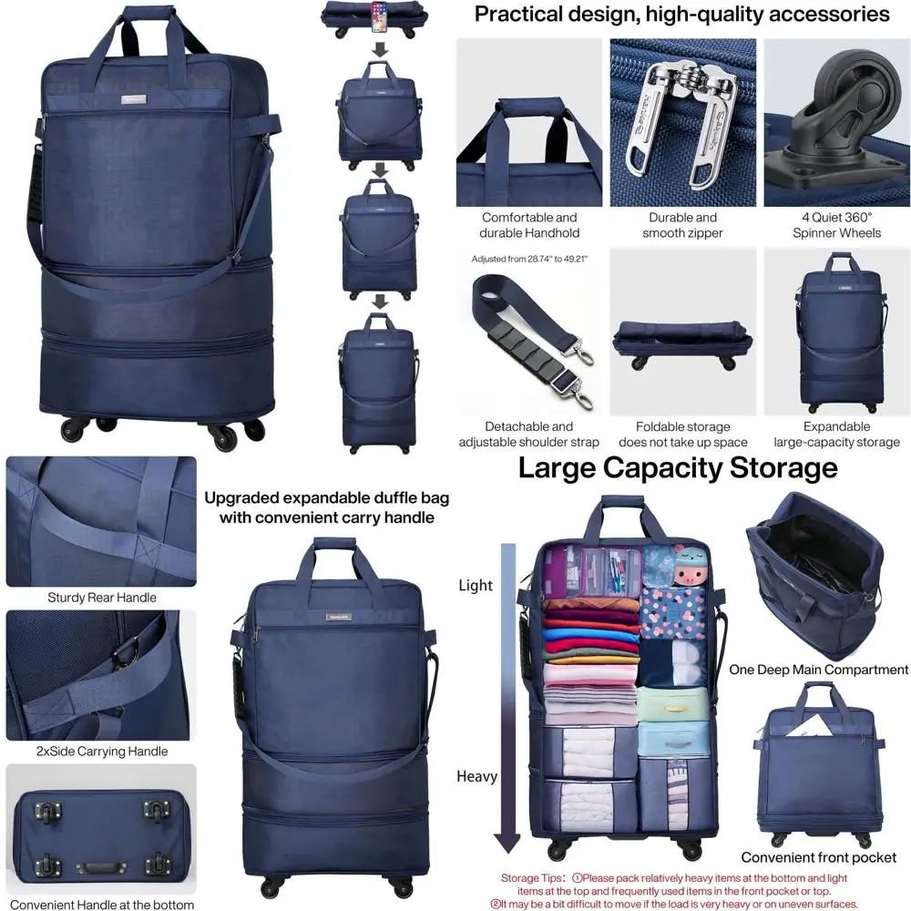 Expandable Collapsible Rolling Suitcase with Wheels for Travel, Lightweight Duffel Bag in Blue for Men & Women
Expandable Collapsible Rolling Suitcase with Wheels for Travel, Lightweight Duffel Bag in Blue for Men & Women