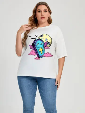 T-shirt décontracté en coton pour femme, 150kg, 5XL, 6XL, grande taille, noir, blanc, imprimé pierre tombale, mignon, été
