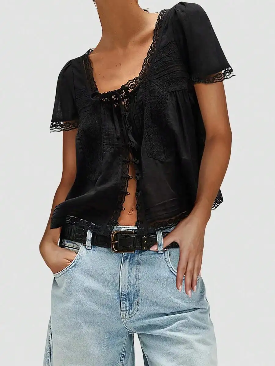 Women Black Lace Trim Short Sleeve Tie Front Blouse Boho Peplum Top Sheer Mesh Summer Loose Fit
Women Black Lace Trim Short Sleeve Tie Front Blouse Boho Peplum Top Sheer Mesh Summer Loose Fit