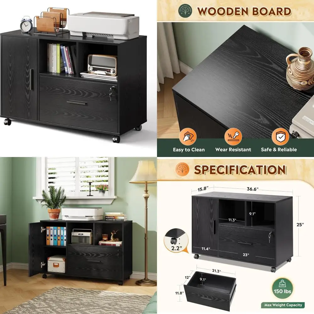 Wood Lateral Filing Cabinet with Lock, Mobile Storage Cabinet, Open Shelves Printer Stand for Home Office, Black
Wood Lateral Filing Cabinet with Lock, Mobile Storage Cabinet, Open Shelves Printer Stand for Home Office, Black