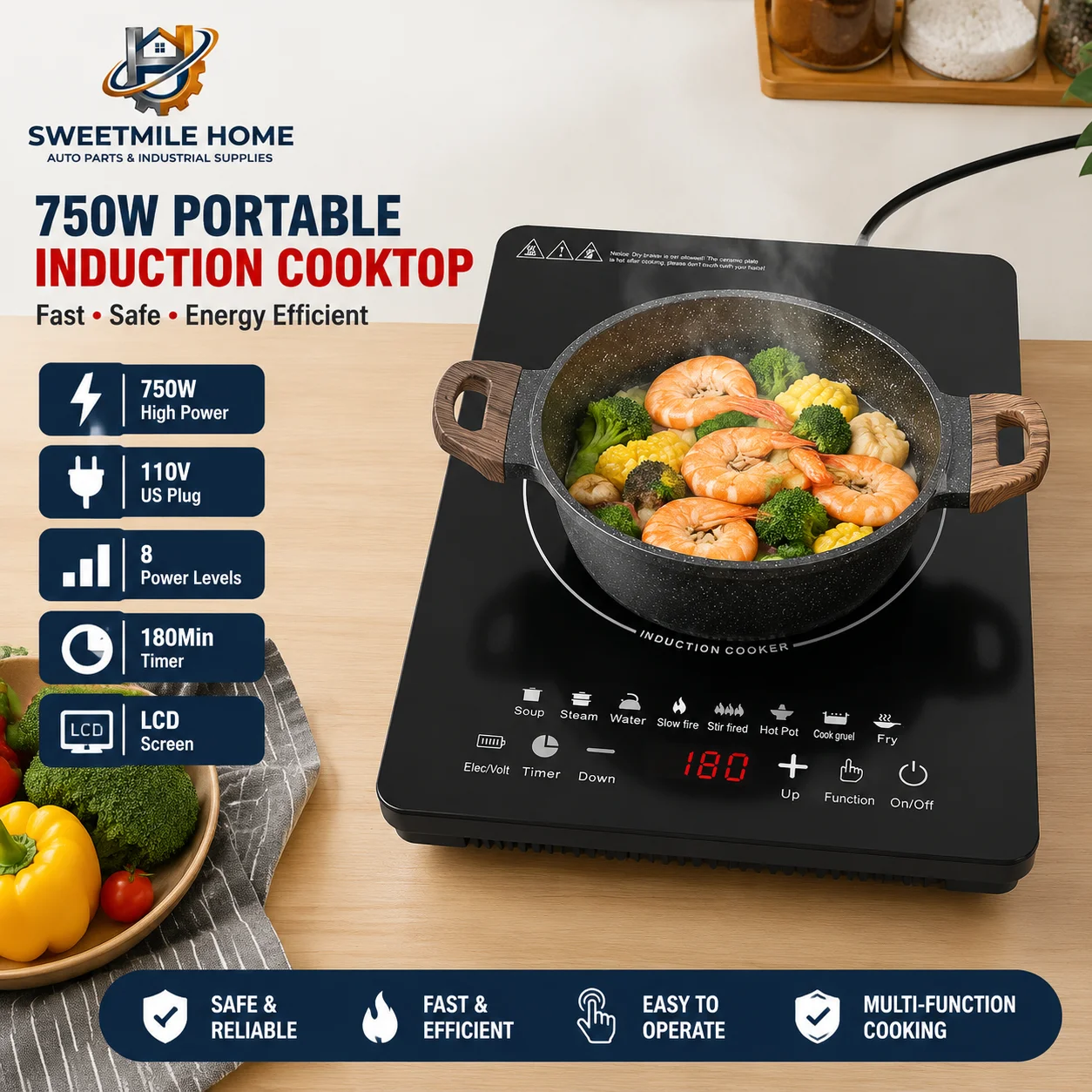 750W Portable Induction Cooktop 110V US Plug Countertop Induction Hot Plate with 8 Power Levels 180Min Timer LCD Screen
750W Portable Induction Cooktop 110V US Plug Countertop Induction Hot Plate with 8 Power Levels 180Min Timer LCD Screen