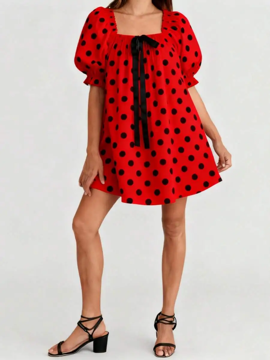 Womens Polka Dot Mini Dress Loose Bow Square Neck Puff Sleeve Short Dress
Womens Polka Dot Mini Dress Loose Bow Square Neck Puff Sleeve Short Dress