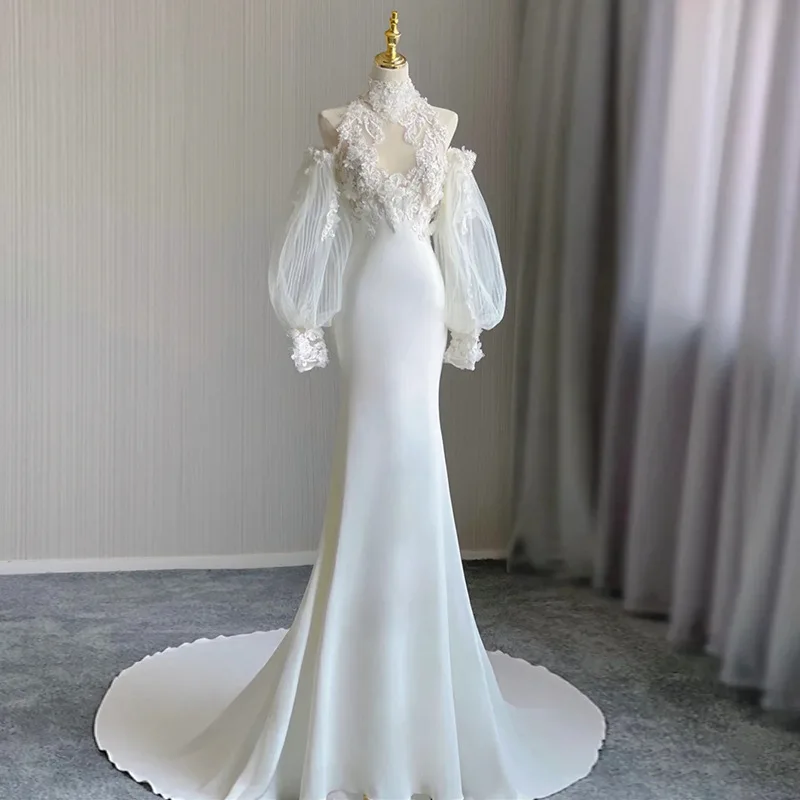 French Lace Mermaid Wedding Dress Vintage Court Style Elegant Satin Slim Fit Reception Dress Summer
French Lace Mermaid Wedding Dress Vintage Court Style Elegant Satin Slim Fit Reception Dress Summer