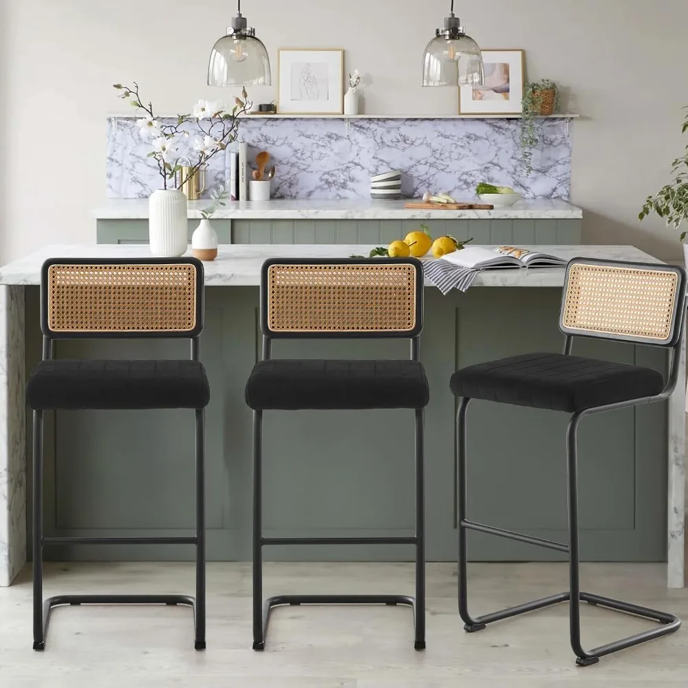 Rattan Bar Stools Set of 3, 30" Bar Height Barstools with Cane Mesh Back and Black Base, Velvet Upholstered Armless Tall Bar Cha
Rattan Bar Stools Set of 3, 30" Bar Height Barstools with Cane Mesh Back and Black Base, Velvet Upholstered Armless Tall Bar Cha