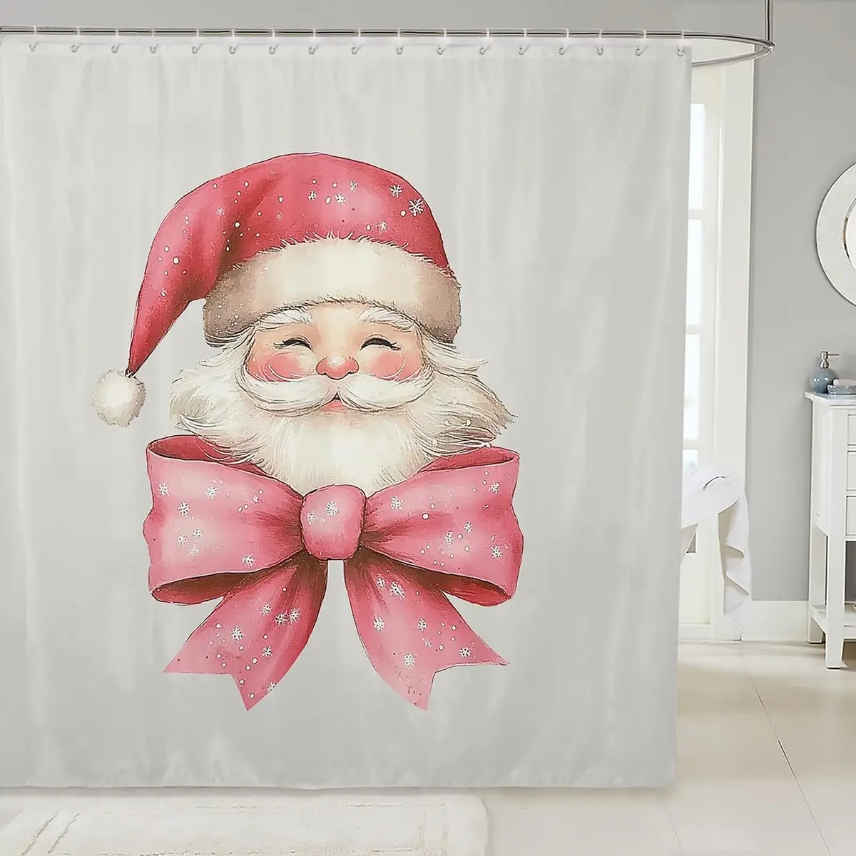 Розовая занавеска для душа с розовым бантом и рисунком Санта-Клауса из мультфильма, декор для ванной комнаты в консервативном стиле для рождественского праздника
Розовая занавеска для душа с розовым бантом и рисунком Санта-Клауса из мультфильма, декор для ванной комнаты в консервативном стиле для рождественского праздника