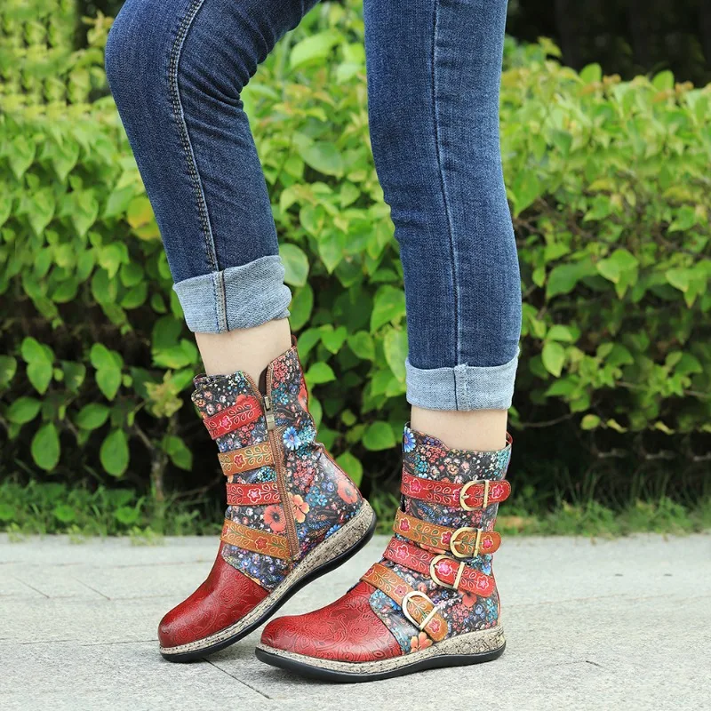Splicing Floral Red Ankle Boots Belt Buckle Woman Genuine Leather Retro Flat with Side Zipper Women Colorful Boots Big Size 42
Splicing Floral Red Ankle Boots Belt Buckle Woman Genuine Leather Retro Flat with Side Zipper Women Colorful Boots Big Size 42