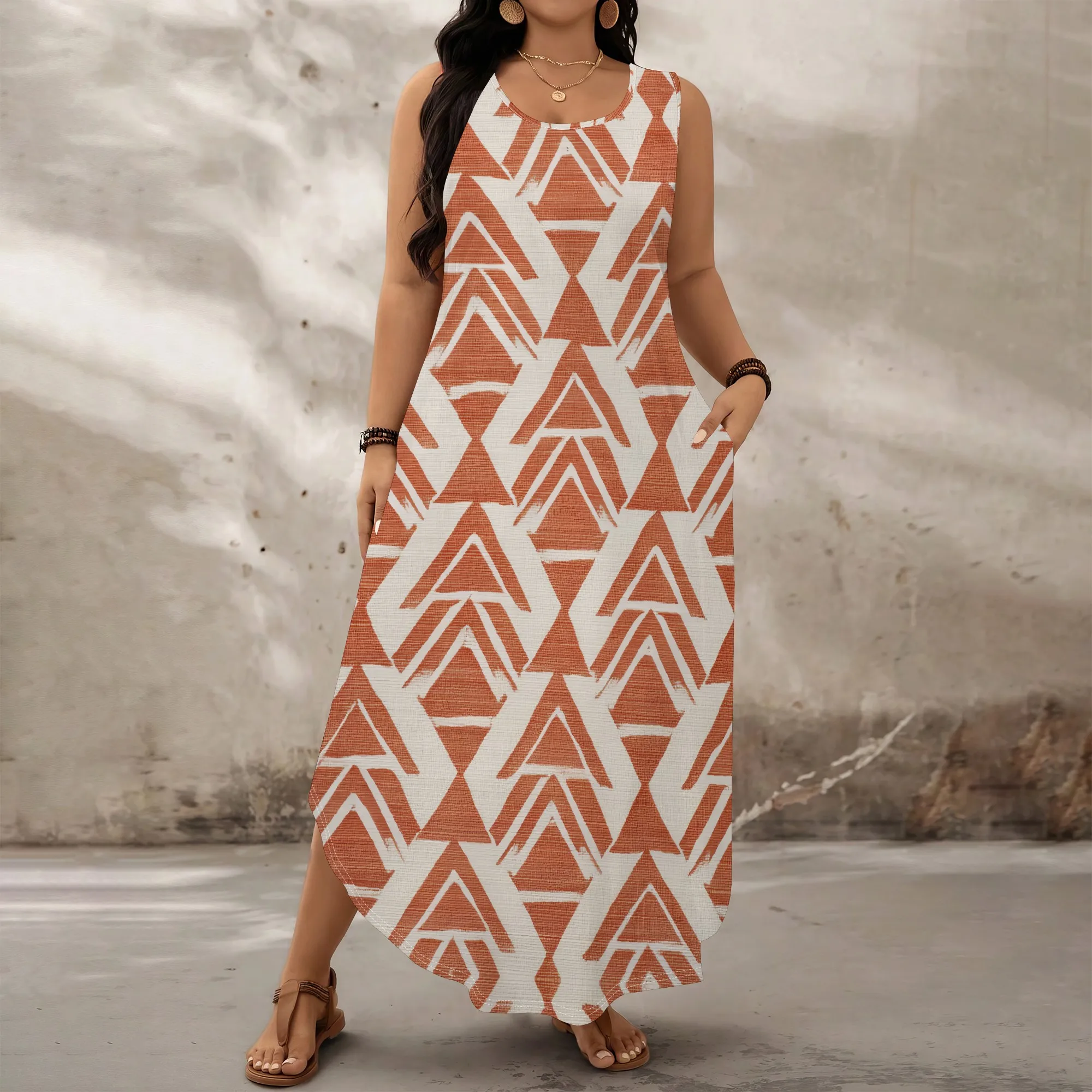 Rust Geometric Print Plus Size Dress XL-6XL Sleeveless Loose Maxi with Pockets for Museum Tour, Cultural Fest or Weekend Look
Rust Geometric Print Plus Size Dress XL-6XL Sleeveless Loose Maxi with Pockets for Museum Tour, Cultural Fest or Weekend Look