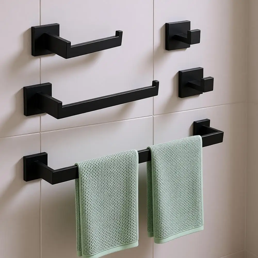 Stylish 5-Piece Matte Black Bathroom Accessory Set with Wall-Mounted Towel Racks, 23.6-Inch Stainless Steel
Stylish 5-Piece Matte Black Bathroom Accessory Set with Wall-Mounted Towel Racks, 23.6-Inch Stainless Steel