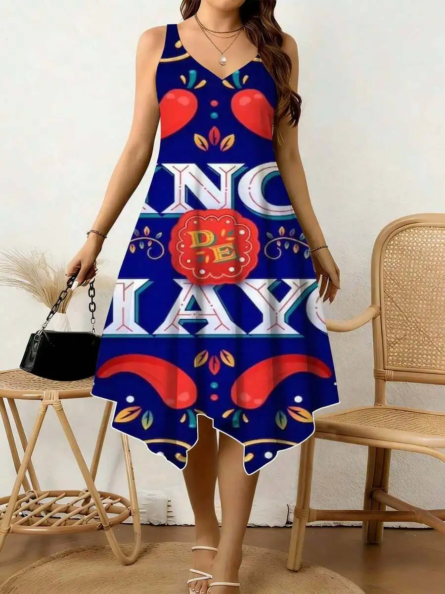 Women Sleeveless V-Neck Asymmetrical Dress With Bold Typography And Vibrant Floral Motifs For Summer Beach Festive Casual Wear
Women Sleeveless V-Neck Asymmetrical Dress With Bold Typography And Vibrant Floral Motifs For Summer Beach Festive Casual Wear
