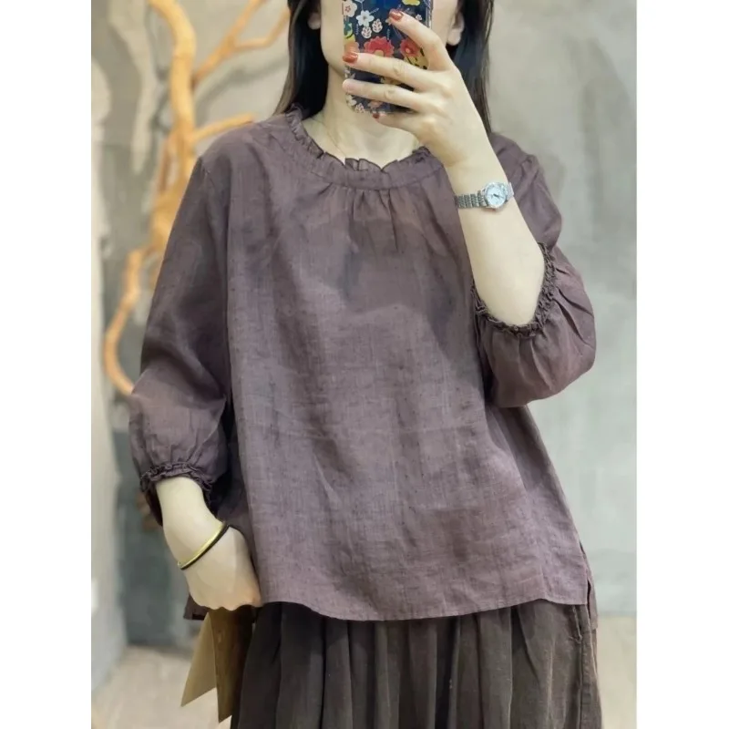 Women's Retro Linen Blouse Ruffled Crew Neck Casual Long Sleeve Shirt
Women's Retro Linen Blouse Ruffled Crew Neck Casual Long Sleeve Shirt