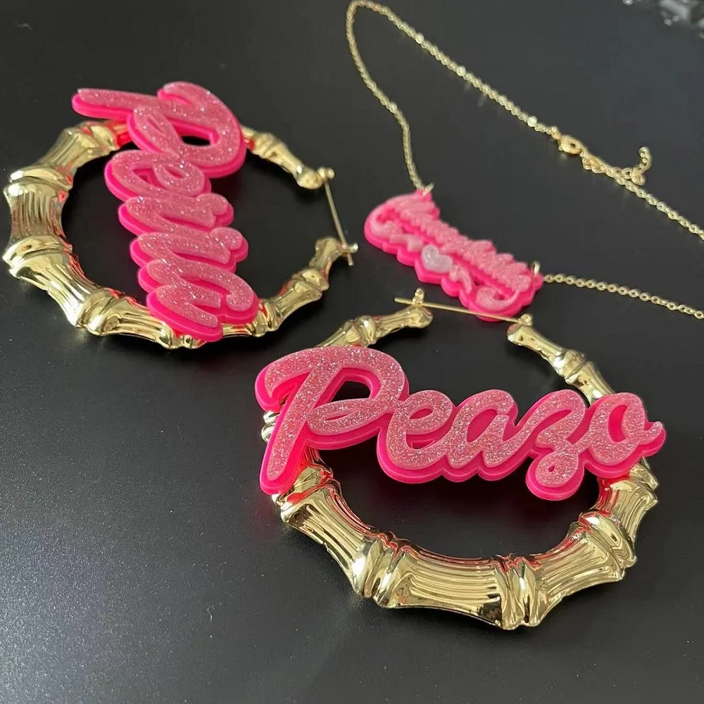 Sexy Hip Hop Acrylic Color Custom Name Earrings Necklace Personalized Name Bamboo Hoop Earring For Women Jewerlry Girls Gifts
Sexy Hip Hop Acrylic Color Custom Name Earrings Necklace Personalized Name Bamboo Hoop Earring For Women Jewerlry Girls Gifts