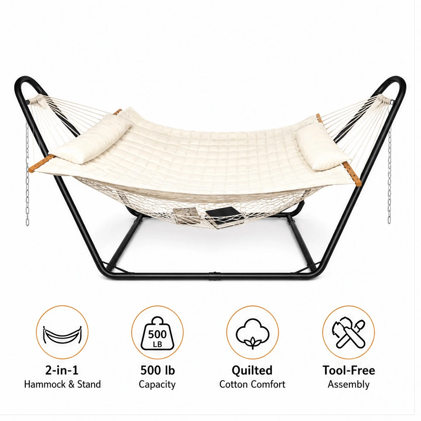 127.95 X 45.28 X 55.12inch Heavy Duty Hammock with Stand Set, 520Lb Weight Capacity, Double Layer Padded Cotton Bed
127.95 X 45.28 X 55.12inch Heavy Duty Hammock with Stand Set, 520Lb Weight Capacity, Double Layer Padded Cotton Bed