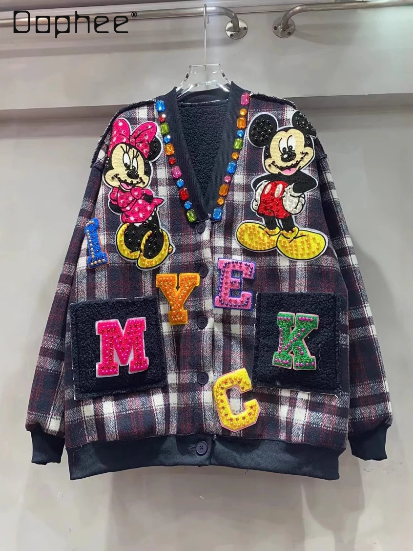 Cartoon Beaded Denim Splicing Knitted Cardigan Street Hipster 2025 Autumn Winter New Loose Casual V-neck Sweater Jacket Women
Cartoon Beaded Denim Splicing Knitted Cardigan Street Hipster 2025 Autumn Winter New Loose Casual V-neck Sweater Jacket Women