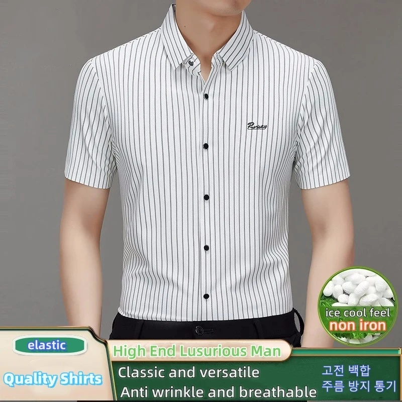 High End Men Dress Shirts Mulberry Silk Seamless Stripes Tops Wrinkle Resistant Strong Elastic Luxurious Quality Summer Clothing
High End Men Dress Shirts Mulberry Silk Seamless Stripes Tops Wrinkle Resistant Strong Elastic Luxurious Quality Summer Clothing