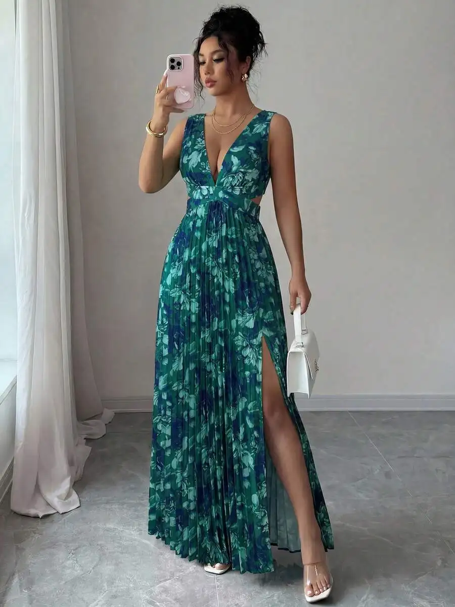 Sleeveless Floral Deep V-Neck Pleated Maxi Dress With Side Slit For Women
Sleeveless Floral Deep V-Neck Pleated Maxi Dress With Side Slit For Women