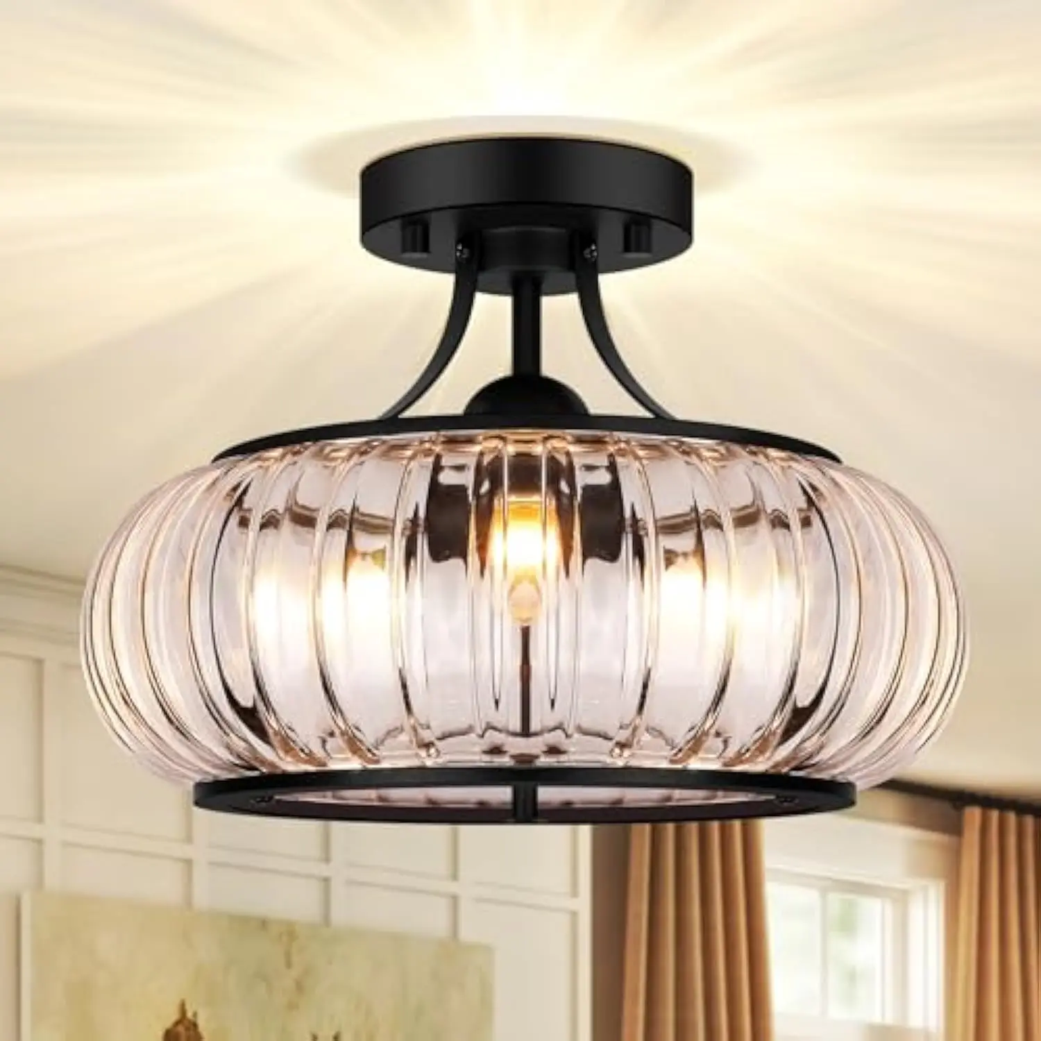Modern 3-Light Semi Flush Mount Ceiling Light, Clear Glass Hallway Light Fixture with Round Shade, Industrial Black Glass Close
Modern 3-Light Semi Flush Mount Ceiling Light, Clear Glass Hallway Light Fixture with Round Shade, Industrial Black Glass Close