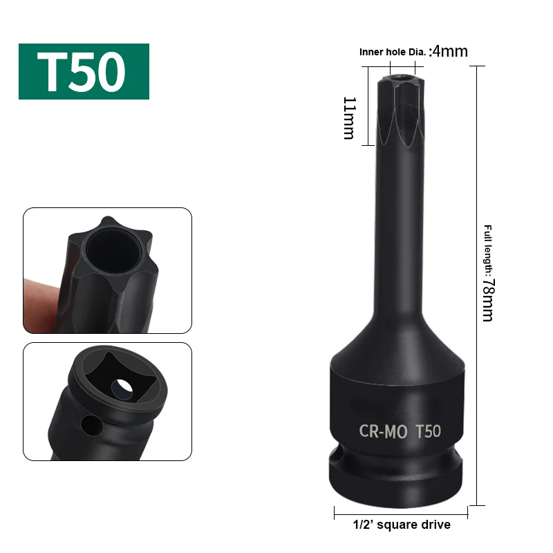 1pc T50 with hole Torx Screwdriver Bit 1/2 inch Drive Socket Torx Star Head CR-V Material Auto Hand Tool 78mm full length
1pc T50 with hole Torx Screwdriver Bit 1/2 inch Drive Socket Torx Star Head CR-V Material Auto Hand Tool 78mm full length