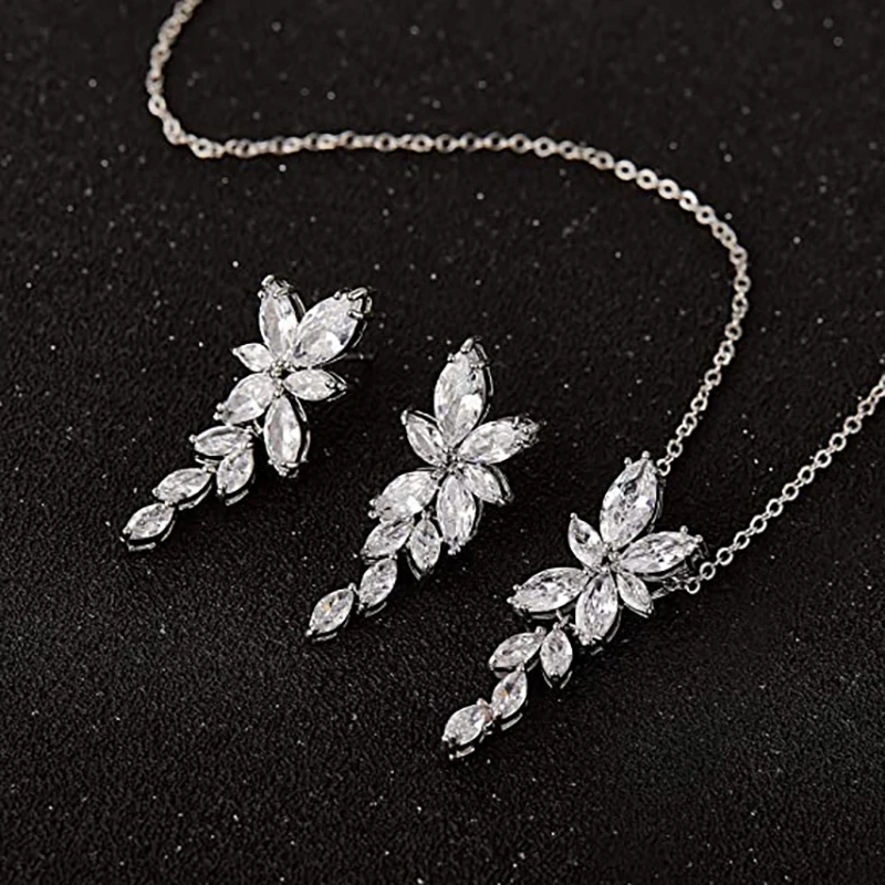 JMK Fashion Cubic Zircon Leaf Drop Earrings Necklace Sets For Women High Quality SIlver Plated Bridal Wedding Party Jewelry Sets
JMK Fashion Cubic Zircon Leaf Drop Earrings Necklace Sets For Women High Quality SIlver Plated Bridal Wedding Party Jewelry Sets