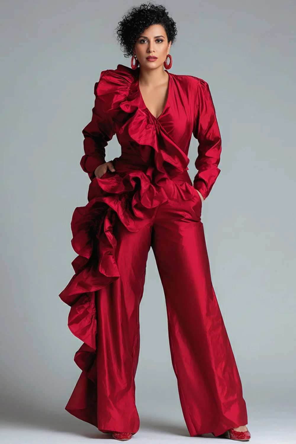 Plus Size Formal Red V Neck Long Sleeve Ruffle Elegant Pocket Satin Jumpsuits
Plus Size Formal Red V Neck Long Sleeve Ruffle Elegant Pocket Satin Jumpsuits
