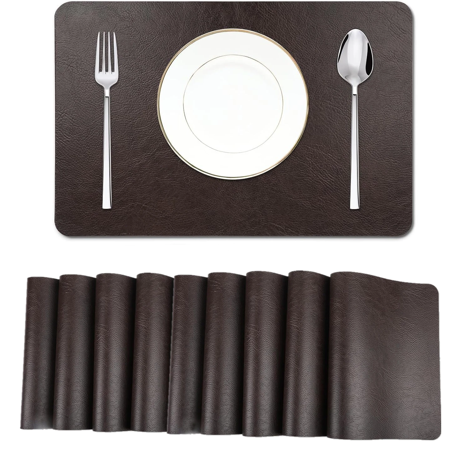 Premium Heatproof Cowhide-Pattern PU Placemats Set Double-Sided Black Coffee,Waterproof & Non-Slip for Stylish Dining Tables Pad
Premium Heatproof Cowhide-Pattern PU Placemats Set Double-Sided Black Coffee,Waterproof & Non-Slip for Stylish Dining Tables Pad