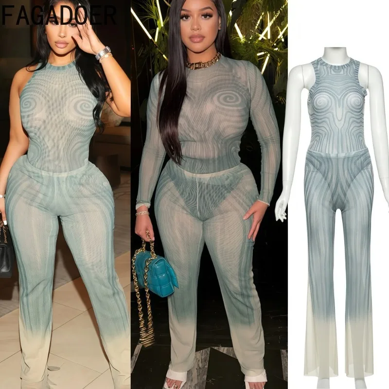 FAGADOER Sexy Geometric Print 2 Pieces Set for Woman Mesh See Through Sleeveless Bodycon Crop Top + Pants Matching Streetwear
FAGADOER Sexy Geometric Print 2 Pieces Set for Woman Mesh See Through Sleeveless Bodycon Crop Top + Pants Matching Streetwear