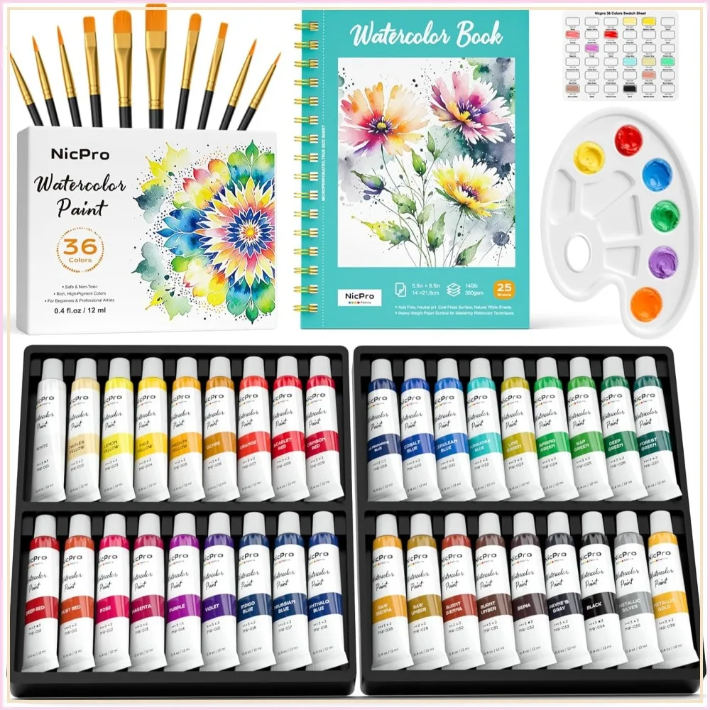 36 Colors Watercolor Paint Set with 10 Brushes, 25-Sheet Paper & Palette - Complete Art Supplies for Adults & Beginners
36 Colors Watercolor Paint Set with 10 Brushes, 25-Sheet Paper & Palette - Complete Art Supplies for Adults & Beginners