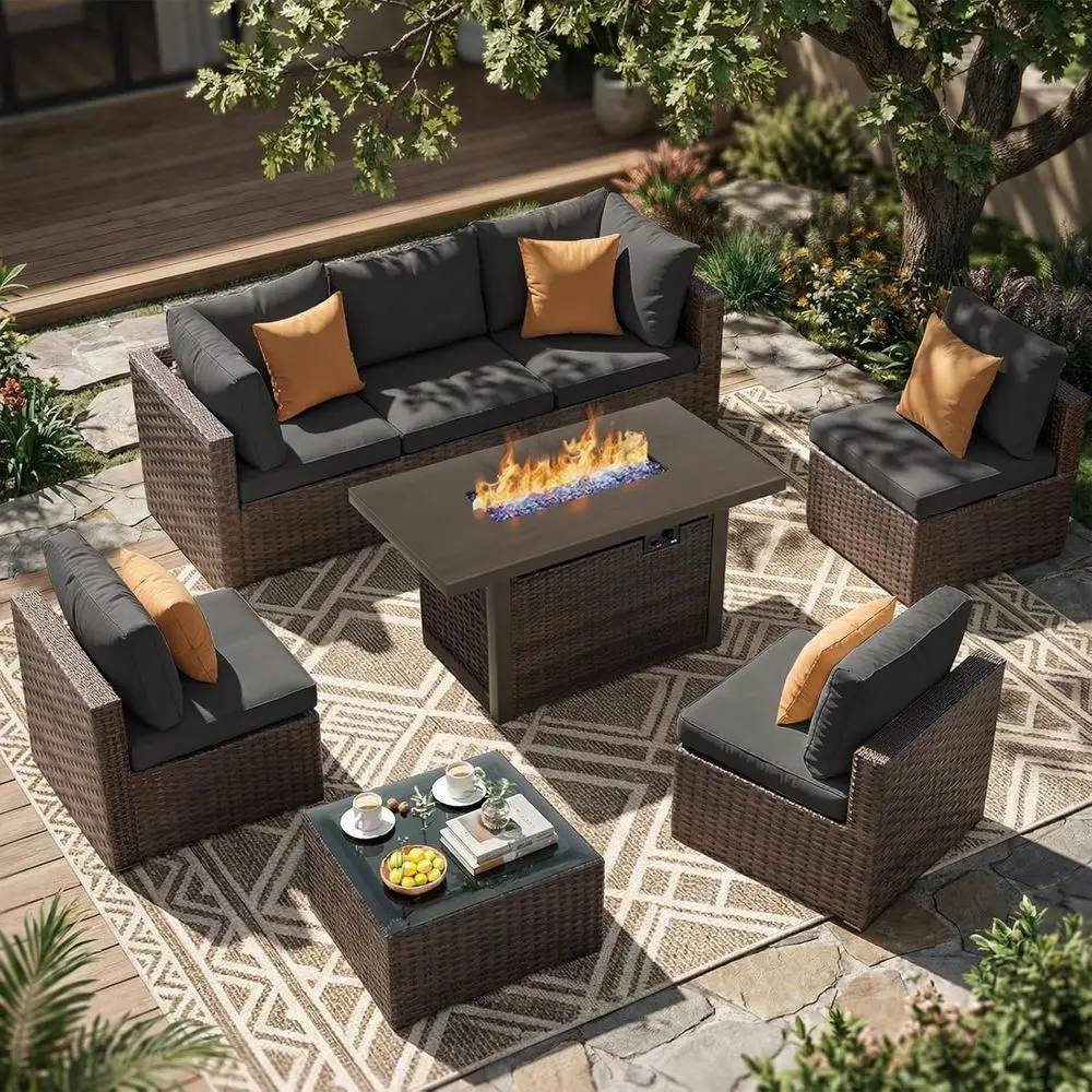 8-Piece Outdoor Sectional Patio Furniture Set with 44 Propane Fire Pit Table, Ideal for Backyard, Poolside, Garden in Black
8-Piece Outdoor Sectional Patio Furniture Set with 44 Propane Fire Pit Table, Ideal for Backyard, Poolside, Garden in Black
