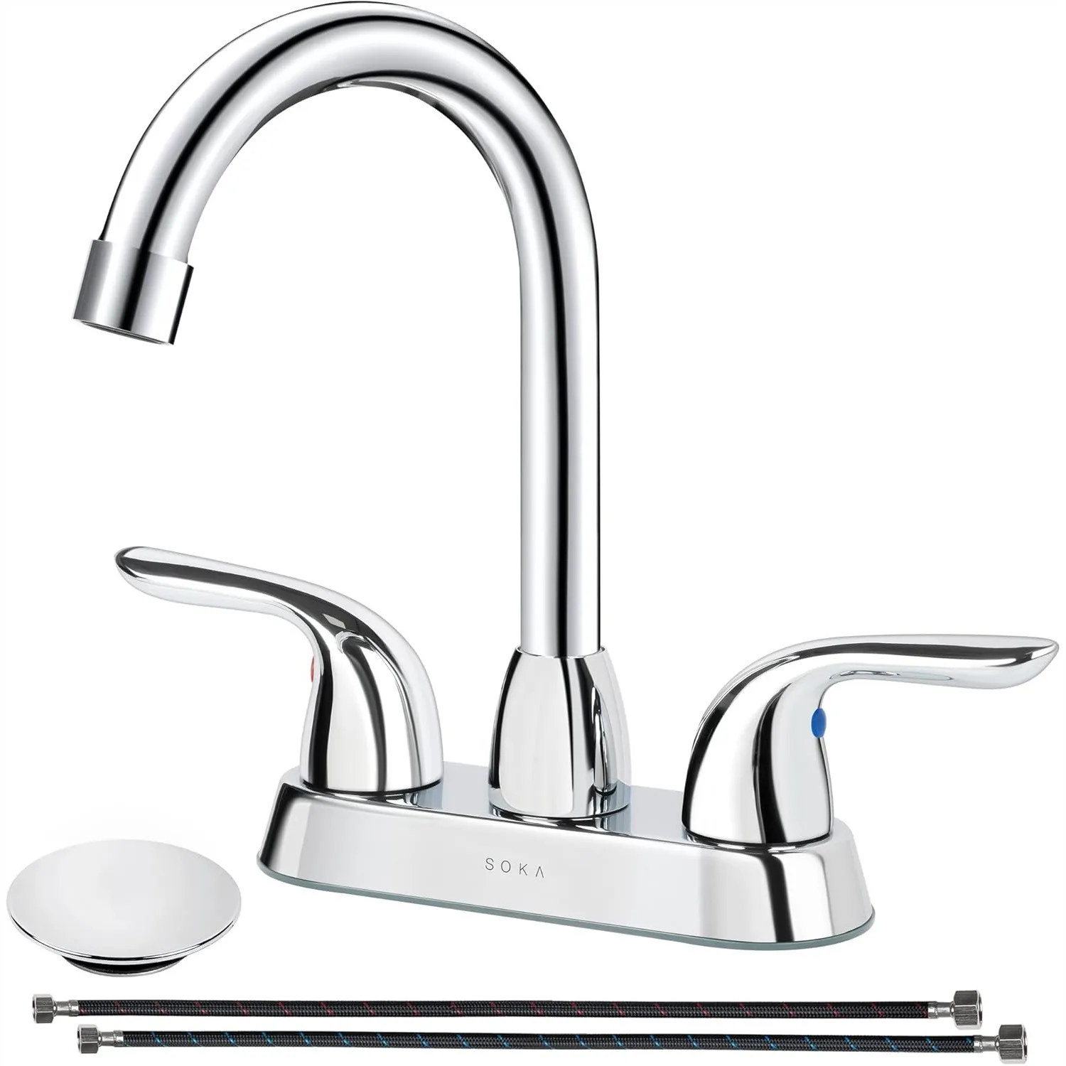 Two Handle Centerset Bathroom Faucet for Sink, High Arc Stainless Steel with Deck Plate & Pop-Up Drain, 3 Hole Installation
Two Handle Centerset Bathroom Faucet for Sink, High Arc Stainless Steel with Deck Plate & Pop-Up Drain, 3 Hole Installation