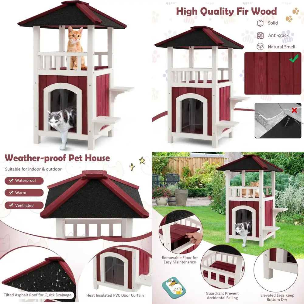 Weatherproof Wooden Cat Shelter with Balcony, Rain Curtain, and Jumping Platforms for Small to Medium Cats
Weatherproof Wooden Cat Shelter with Balcony, Rain Curtain, and Jumping Platforms for Small to Medium Cats