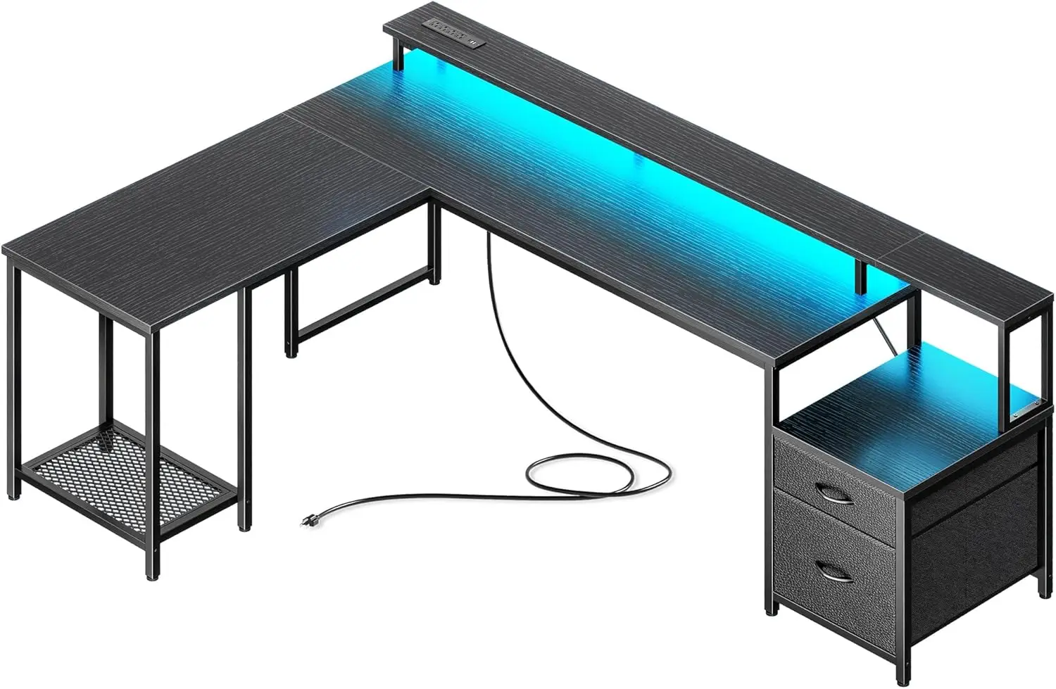 66' L-Shape Computer Desk with Power Outlets, LED Lights, Fabric Drawers, Monitor & CPU Stands, Black
66' L-Shape Computer Desk with Power Outlets, LED Lights, Fabric Drawers, Monitor & CPU Stands, Black
