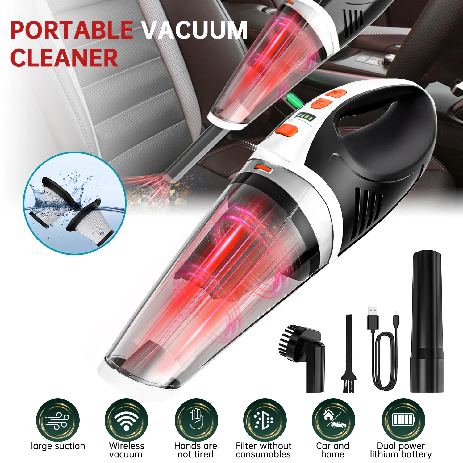 Portable Handheld Wireless Vacuum Cleaner High Suction Dual-Use Wet And Dry ,USB Charging for Home & Car Cleaning 
Portable Handheld Wireless Vacuum Cleaner High Suction Dual-Use Wet And Dry ,USB Charging for Home & Car Cleaning