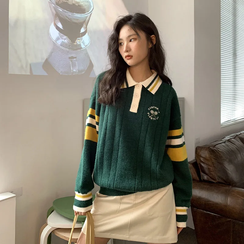 Autumn Winter Letter Jacquard Striped Knitted Sweaters Fashion Loose Turn-down Collar Jumper Women Vintage Casual Pullovers
Autumn Winter Letter Jacquard Striped Knitted Sweaters Fashion Loose Turn-down Collar Jumper Women Vintage Casual Pullovers