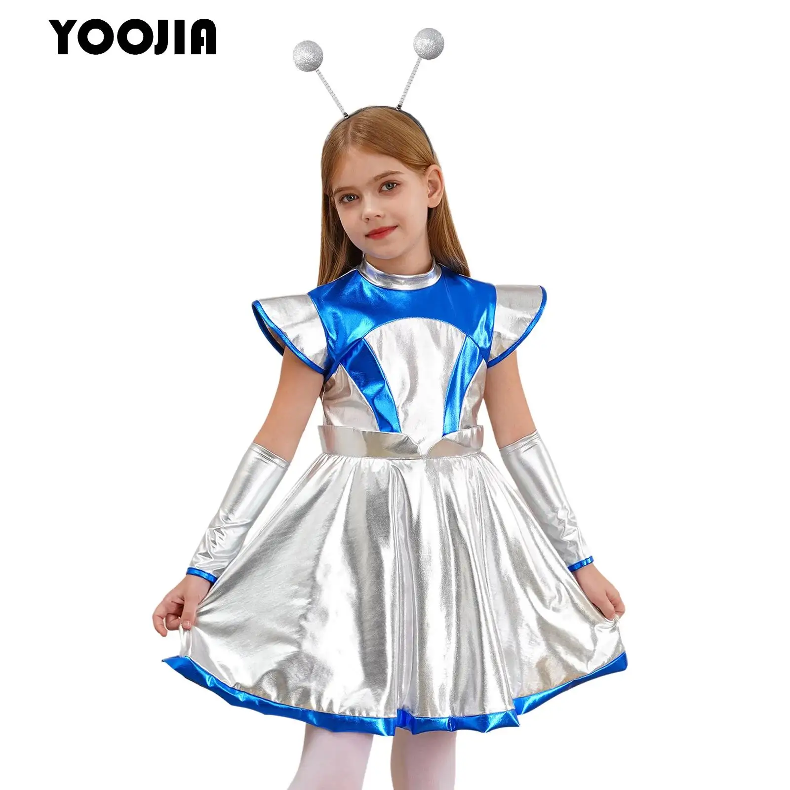 Shiny Space Girls Alien Costume Outerspace Halloween Cosplay Metallic Tutu Dance Dress with Hair Hoop Set for Future World Party
Shiny Space Girls Alien Costume Outerspace Halloween Cosplay Metallic Tutu Dance Dress with Hair Hoop Set for Future World Party
