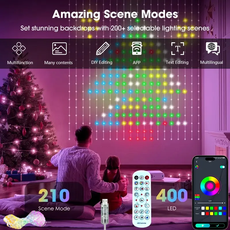 Smart Curtain Lights 400LED Curtain Light App LED String RGB Fairy Lights DIY Music Change Display for Window Bedroom Decoration
Smart Curtain Lights 400LED Curtain Light App LED String RGB Fairy Lights DIY Music Change Display for Window Bedroom Decoration